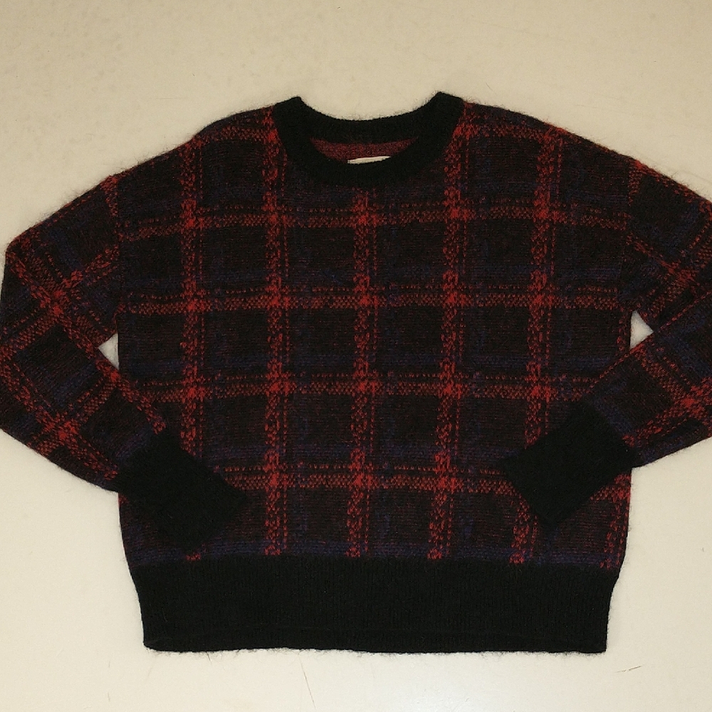 Plaid Mohair Blnd Pullover Sweater Current Elliot Fuzzy Crewneck Windowpane Wool